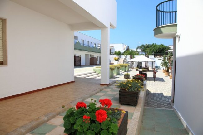 Zona esterna con fiori colorati e vialetti.