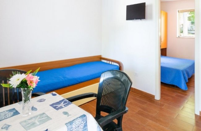 Divano letto blu accanto a un tavolo con fiori.