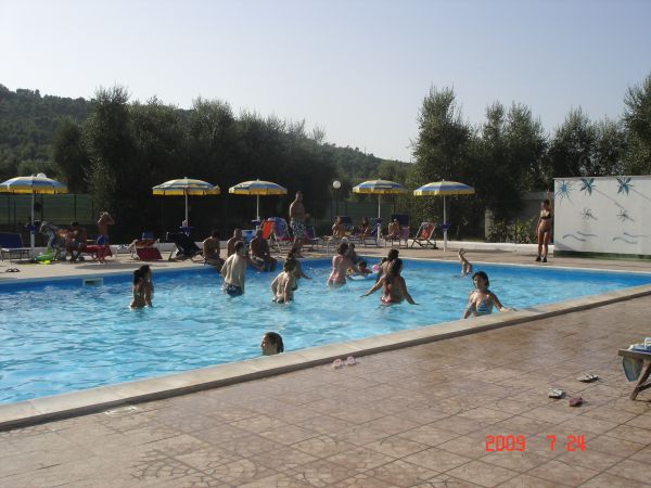 Persone che nuotano in piscina, circondate da ombrelloni e alberi.