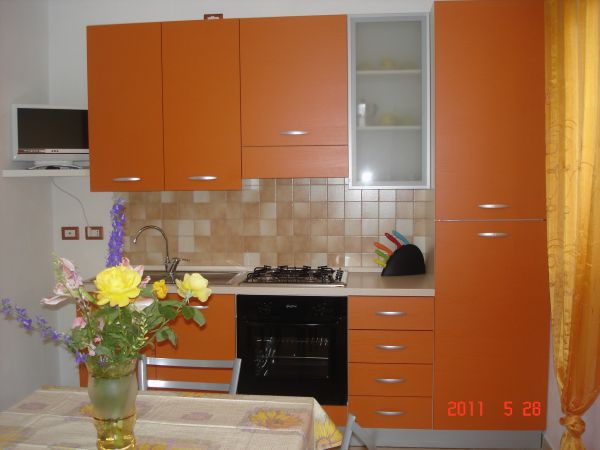 Cucina con mobili arancioni, piano cottura, forno e fiori sul tavolo.