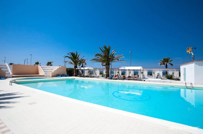 Ampia piscina circondata da palme.